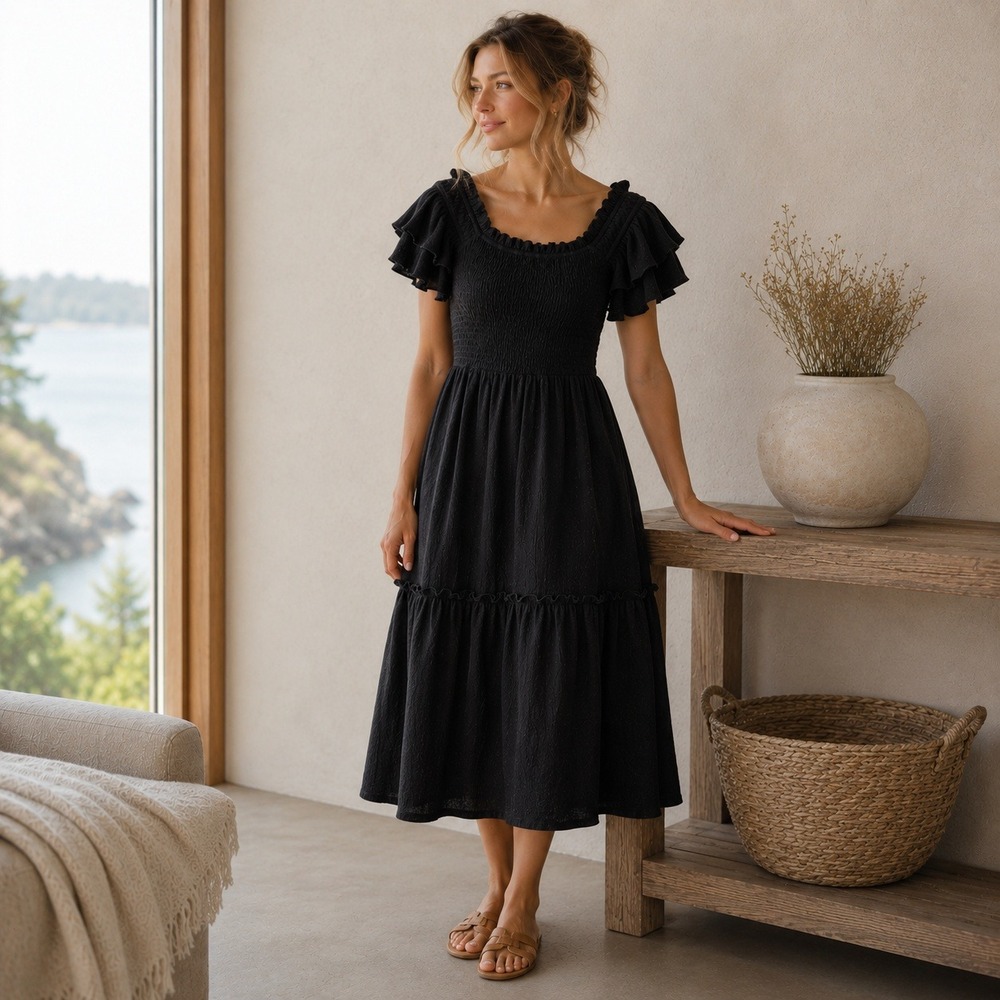 Baltic Born Midi Dress Black Smocked Ruffle Sleeve Boho Tiered Size M
